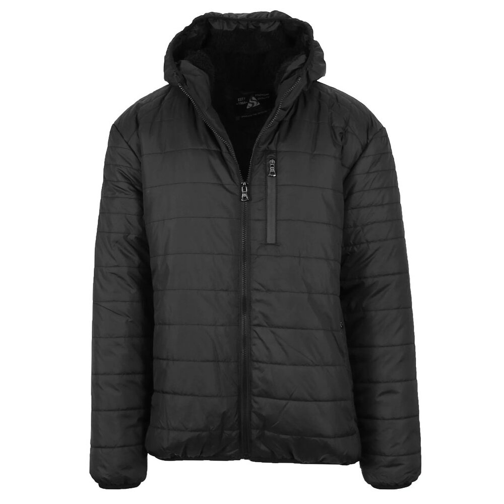 Mens Sherpa-Lined Hooded Puffer Jacket Black (Classic) L